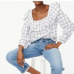 NWT J Crew Square Neck Window Pane Ruffled Cotton Top Size Medium